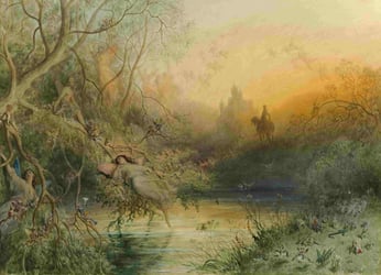 A classical painting of a misty landscape with a lone horse rider in the background and a tree in the foreground that several fairies are lounging in.