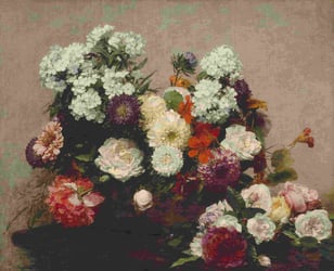 Classical painting of a bouquet of bright multicoloured flowers.