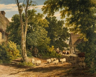 Fine art painting of a forest with sheep