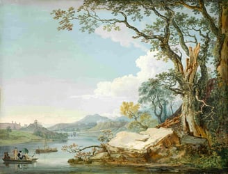 Fine art painting of a lake with a tree