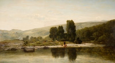 A classical painting of a riverbank with a couple of people and sheep on it with trees and hills in the background.