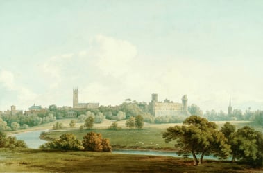 Painting of a large building and a town surrounded by trees with a river winding past.