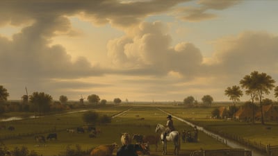 Painting of a large green field under a cloudy sky with livestock and a man riding a horse in the foreground. 