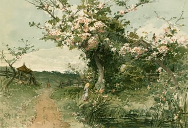 Painting of a small blonde girl playing under a tall floral hedge at the edge of a village.
