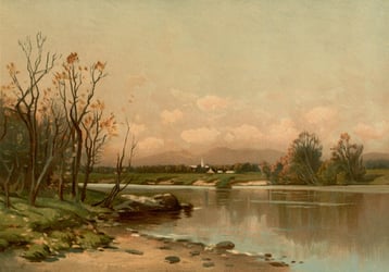 a painting of a lake on a cloudy day