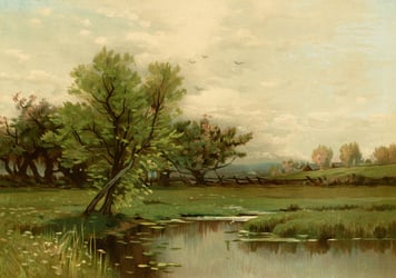 Painting of a river bank with a single tree on it and more trees in the background.