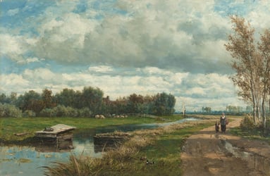 Painting of a rural river with a mother and child walking next to the river bank.
