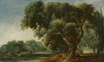 Classical painting of a large tree next to a rural settlement.