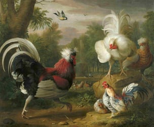 Painting of birds in a forest
