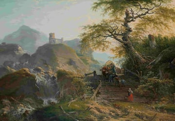 Classical painting of a wagon with several people cresting a hill in a natural landscape.