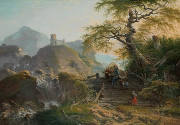 a craggy landscape with a castle on a hill
