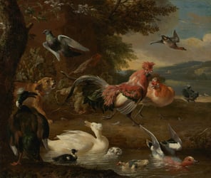 A classical painting of a dog chasing multiple types of birds.