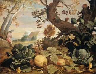 Classical painting of gourds in the foreground with a man leaning on a tree in the background.