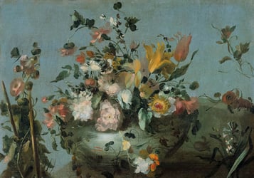 a painting of a pot of flowers