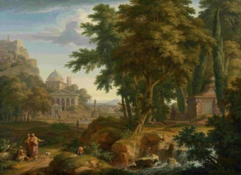 Classical painting of people and animals outside an ancient settlement.