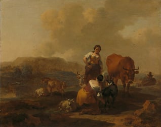 Painting of two women standing next to a goat and a cow in the countryside.