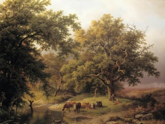 Painting of a herd of cows in a woodland clearing.