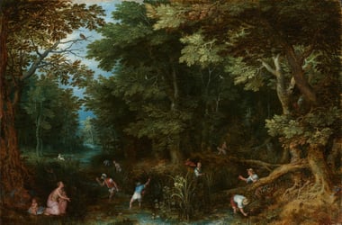 Painting of people foraging in a forest.