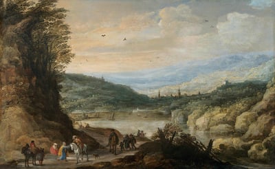 Classical painting of a group of people and horses riding under a cliff with a river and city in the background.