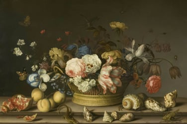 Still life painting of a low vase filled with flowers with shells sitting next to it.