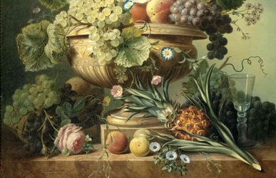 Painting of a still life arrangement featuring fruit and flowers spilling out of a large ornate vase.
