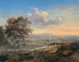 Painting of natural landscape with horse riders in the foreground and trees in the background.