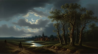 a painting of a remote river at night
