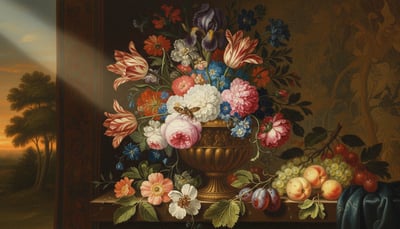Classical painting of a large bunch of multicoloured flowers in a bronze vase.