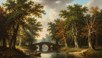 Painting of a small bridge over a river surrounded by trees.