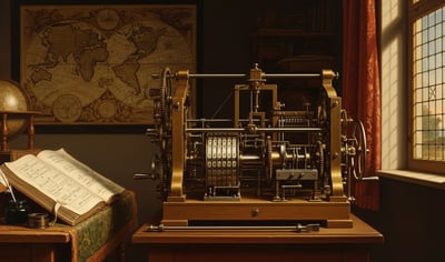 painting of old-fashioned machinery on table
