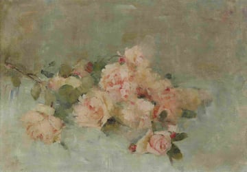 A painting of pale pink roses.