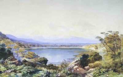 Classical painting of a lake surrounded by trees and foliage.