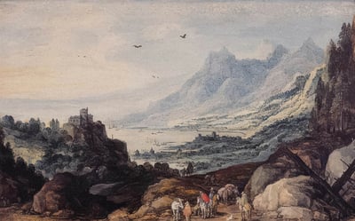 Classical painting of people walking at the base of a mountain.