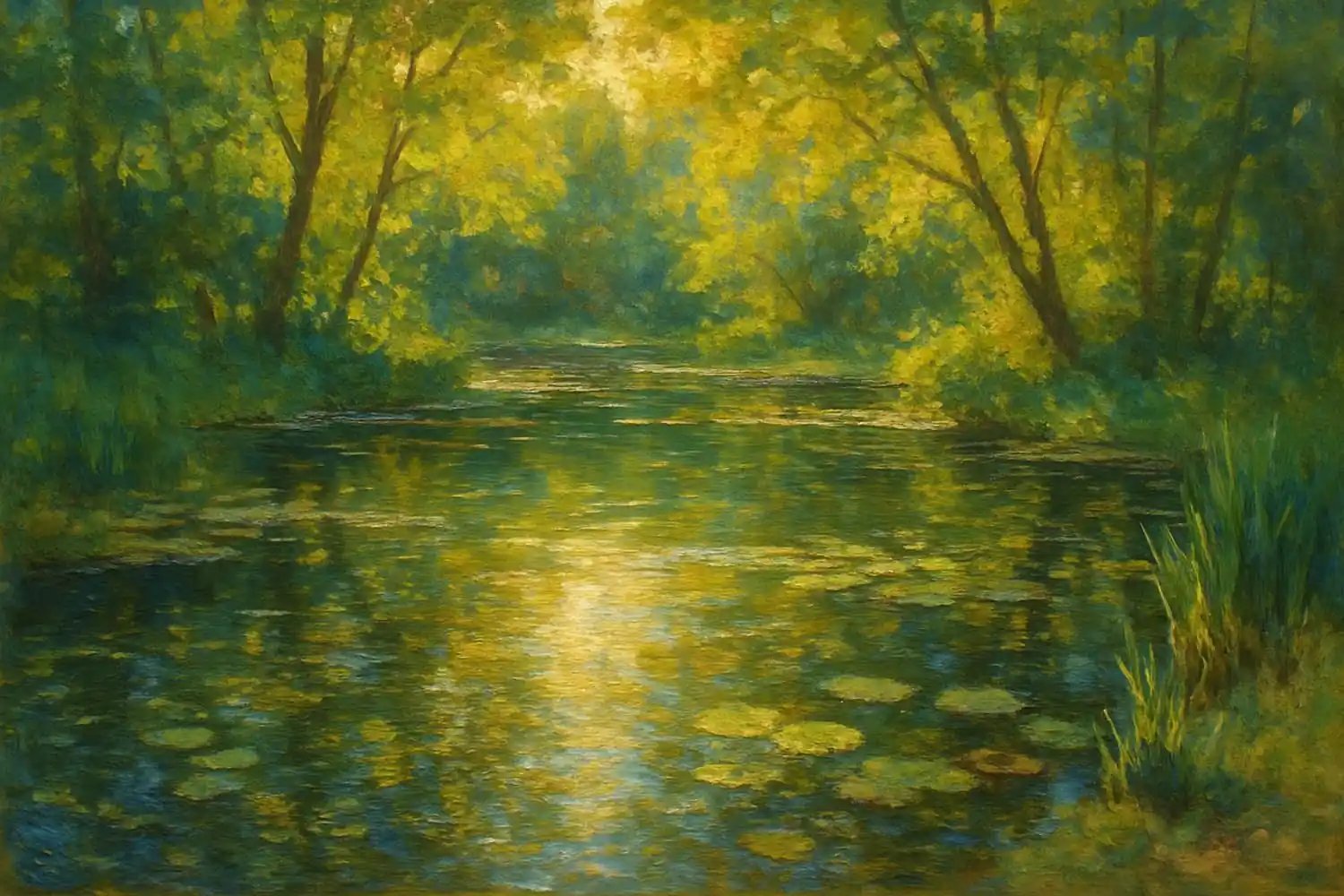 Fine art painting of a pond on a summers day