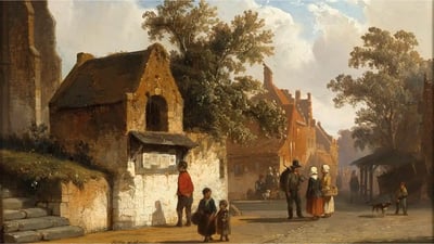 Painting of a rural village with people walking through.