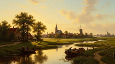 Fine art painting of a scenic lake view with windmill in the background