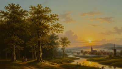 Painting of a natural landscape at sunrise with a small town on the horizon.