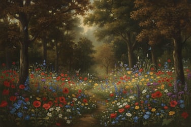 a painting of a colourful woodland scene