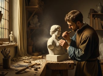 Fine art painting of sculptor and a sculpture