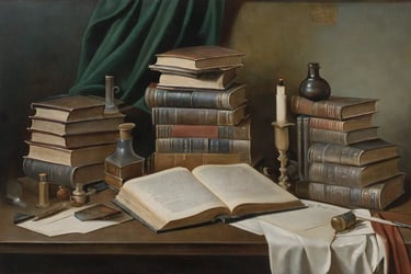 Painting of stacks of books on a desk.