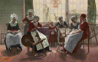 Classical painting of a group of women in red dresses, white bonnets and aprons in front of traditional wooden textile machines.