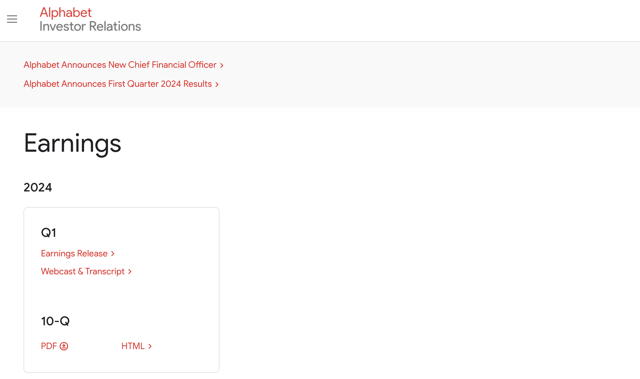 Alpahbet (Google) investor relations site screenshot