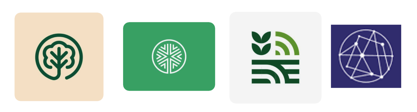A series of four logos that resemble or include natural elements such as trees, plants or neural networks.