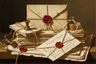 Painting of a pile of letters, each wrapped in string with a red seal on top.