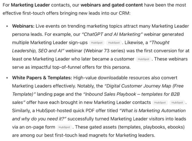 Snippet from ChatGPT conversation using the HubSpot integration, answering the question 'What are our best-converting offers for Marketing Leaders?'