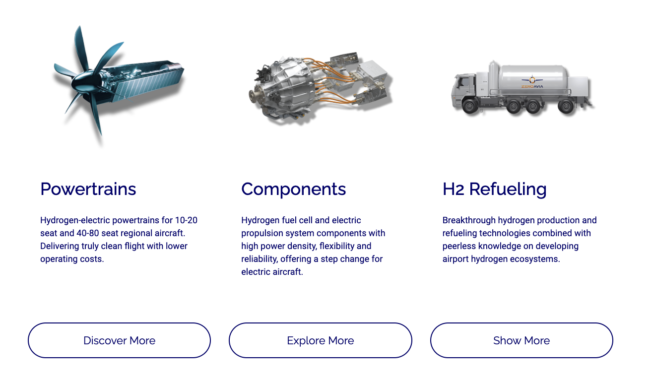 Product CTAs for aviation on the Zeroavia website