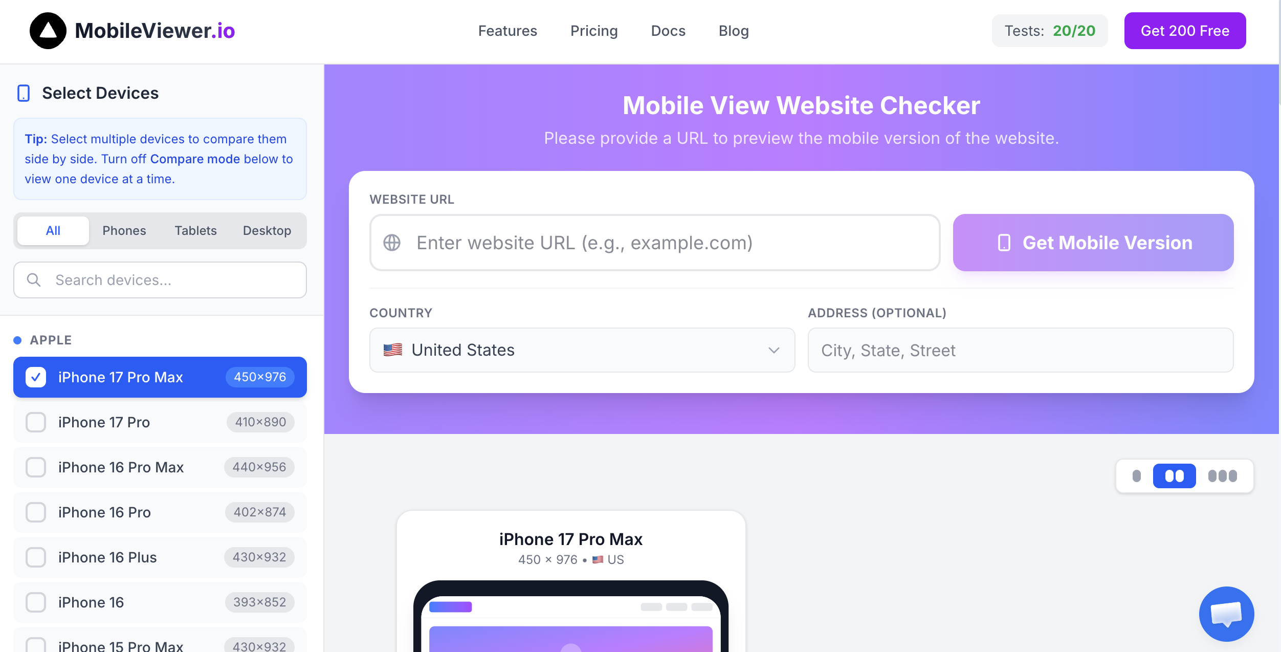 Screenshot of mobileviewer.io homepage